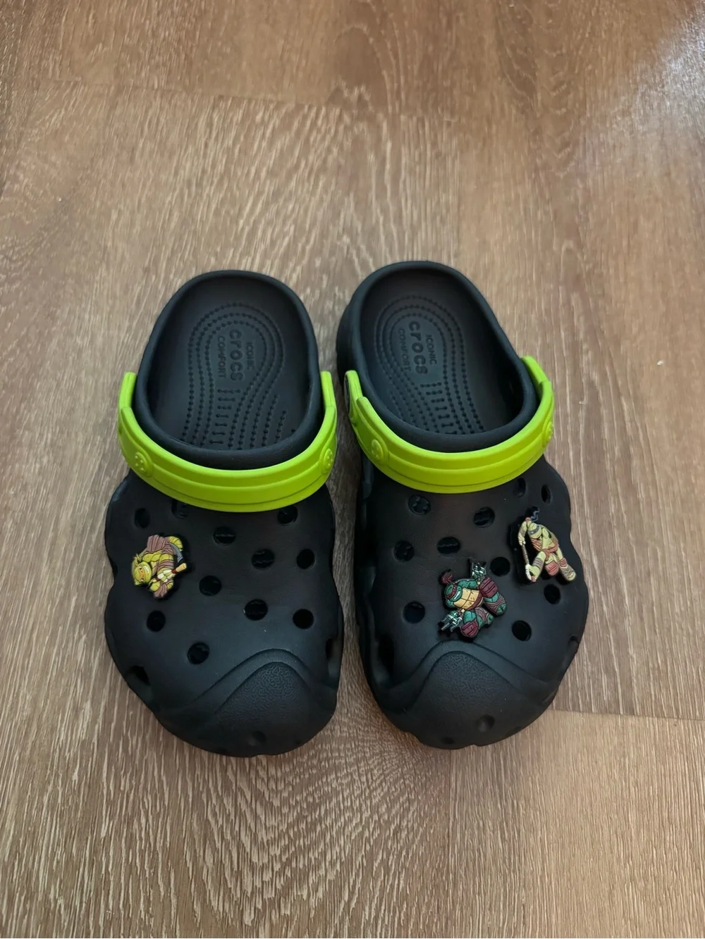 CROCS Kids Black Clogs with Lime Green Heel Strap